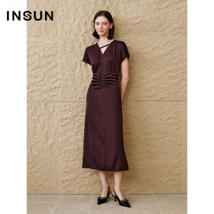 Insun Autumn New Chinese Style Silk Chiffon Slimming Skirt Casual Pleated Short Sleeve V-neck Polyester Fiber A-line Dress