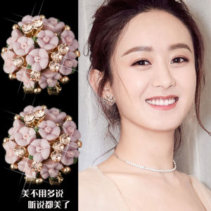 Korean Style Ceramic Diamond Embedded Ear Cuff Womens Fashion Jewelry Allergy Free Elegant Floral Ear Studs Trendy Accessories