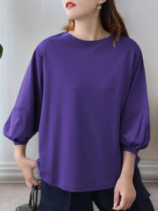 Loose Fit Cotton Lantern Sleeve T-Shirt round Neck Quarter Sleeve Spring New Style Versatile Simple Artistic plus Size Top