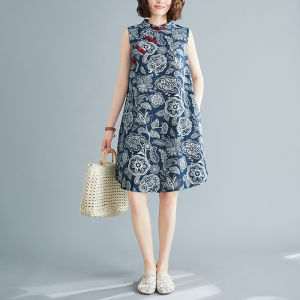 Artistic Stand Collar Sleeveless Midi Dress Chinese Style Reformed Cheongsam Large Size Floral Print Button Embellished A-Line Skirt