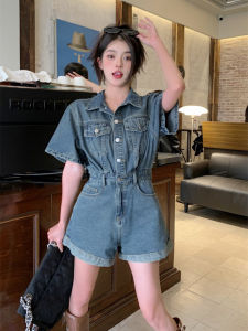 Retro Short Sleeve Jeans Jumpsuit Hong Kong Style Curling Short Pants Womens Summer Chic Waterwashed Loose Connected Jumpsuit Set