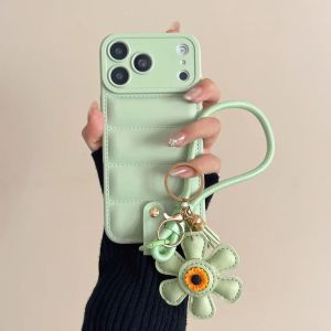 Luxury for iPhone 17 Air 16 15 14 Plus 13 12 Pro Max 11Pro 17 PU Leather 3D Down Jacket Phone Case Sunflower Wrist Lanyard Cover