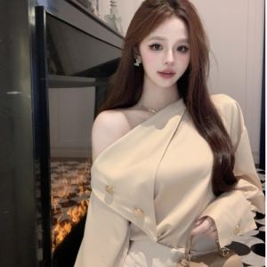 GUZILIAN | Elegant Long Sleeve Satin Shoulder Bared Womens Shirt Autumn New Style Pure Desire High End Feeling Chic Commute Style Shirt