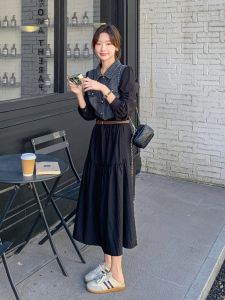 Black Denim Patchwork Fake Two-Piece Dress Casual Shirt Dress High Waist Bubble Sleeve Long Sleeve Autumn Season Korean Style