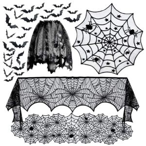 Halloween Tablecloth Bat Spider Web Black Lace Tablecloth Mantel Cloth Family Table Decoration Halloween Party Decoration