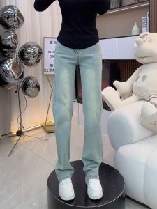 High-waist Embroidered Denim Crops Slim Fit Classic Wash Straight-leg Retro Hipster Stretch Womens Trousers Autumn NEW Match All