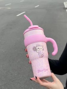 VRIUKNT | 1pc Leopard Print Cat Insulated Tumbler 1100ml Large-Capacity Stainless Steel Car Vacuum Cooler Cup with Tea Strainer Handle