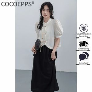 Cocoepps mới Trung Quốc áo có cúc phụ nữ 2023 Mới Mùa Hè Thiết kế cảm giác thích hợp viền tay áo bong bóng đứng áo có cổ mỏng