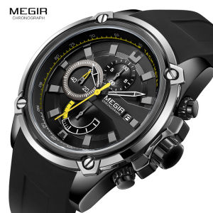 MEGIR Army Sports Quartz Watches for Men Silicone Strap Military Marine Chronograph Wristwatch for Man Relogios 2086 Black