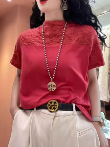 UYFY | เสื้อยืดคอกลมแขนสั้นผ้าลูกไม้สีแดงสไตล์เกาหลีสำหรับผู้หญิงในช่วงฤดูร้อนปี 2025 เสื้อเชิ้ตคอกลมทรงหลวมสไตล์ลำลอง