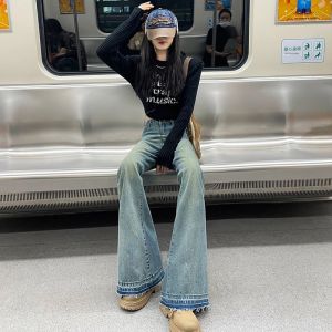 Quần Jeans Nữ Cạp Cao Dáng Thẳng Chất Liệu Denim Co Giãn Thoải Mái Kiểu Dáng Bootcut Quần Ống Loe Dài Đến Mắt Cá Chân Màu Trơn Phong Cách Thường Ngày