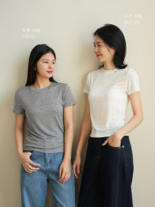 เสื้อยืดแขนสั้นทรงสลิมฟิตสำหรับผู้หญิง ฤดูร้อน 2025 ทรงพอดีตัว คอตั้ง ระบายอากาศได้ดี คอตตอนผสมสแปนเด็กซ์