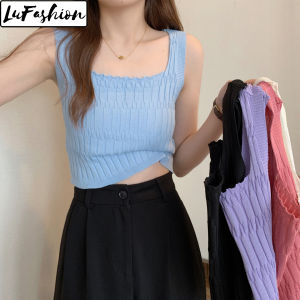 LuFashion Tank Top Women Knitted Croptop Summer Sleeveless Square Neck Slim Camisoles