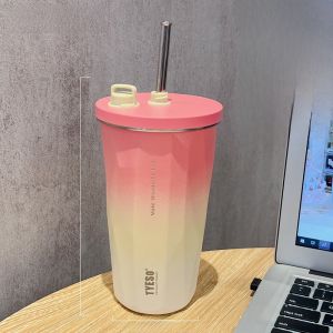Tyeso Large Capacity Insulated Coffee Straw Cup Womens Gradient Cooling Cup Stainless Steel Water Bottle Beverage Container