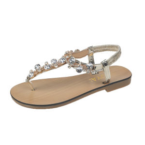 Roman Flat Sandals Womens Summer Diamond Fairy Style Beach Sandals Slip-On Low Cut Rubber Sole Comfortable Flat Heel Shoes