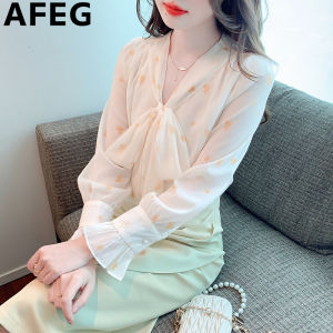 AFEG Korean V-neck bow fashion loose temperament ink-dyed chiffon flared sleeve blouse
