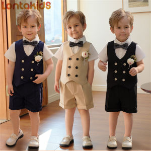lontakids Kids Boys Formal Suit 5Pcs (Vest+Shorts+Short Sleeve Shirt+Bow Tie+Corsage) Wedding Birthday Party Clothes Set