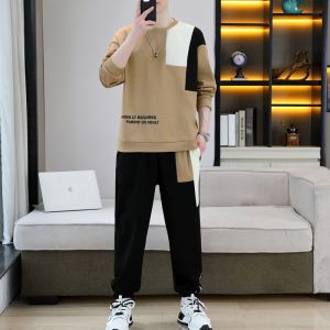 ROMON | Romon Mens Casual Sports Set Spring Fashion Round Neck Long Sleeve Hoodie Trendy Pants Two-Piece Suit Polyester Fiber Youth