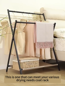 SPACEMADER Foldable Clothes Rack Carbon Steel Garment Rack Bedroom Storage Organizer with Double Hanging Bars Shoe Shelf Space Saving Clothes Hanger Stand