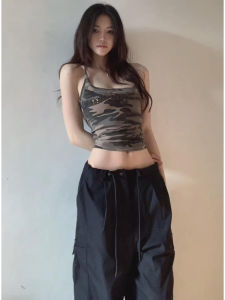 American Retro Camouflage Short Strap Vest Women Summer Slimming Sparkling Rhinestone Hot Girl Versatile Fashion Top