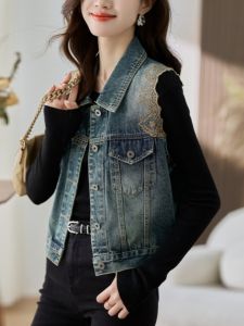 Summer Vintage Embroidered Lace Denim Vest Short Sleeveless Jacket Spring Autumn New Style Small Size Top Womens Polo Shirt