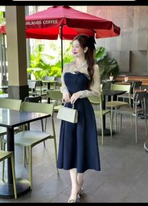 Đầm tiểu thư nữ đính nơ phối ren kiểu dáng xinh xắn
