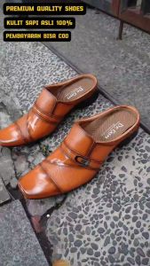 SEPATU SANDAL SELOP FORMAL SEPATU BUSTONG PRIA KULIT SAPI 100% KODE B6002 TAN ( PRODUKSI SENDIRI )