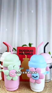 700ml Cute Floral Insulated Straw Bottle – 316 Stainless Steel Stylish with Carry Strap