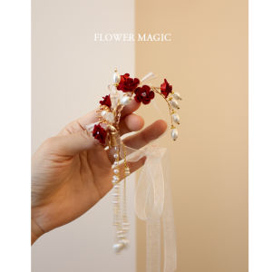 Wine Red Small Rose High-End Velvet Festive Pearl Tassel Crystal Bride and Bridesmaid Wedding Tie Wrist Flower Bracelet