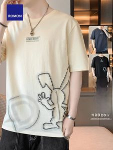 ROMON | Lormen Mens Pure Cotton Short Sleeve T-shirt Summer Thin Round Neck Printed Casual Half Sleeve Mens Ice Silk Body T-shirt