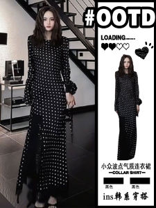 French Vintage Black Polka Dot Dress Women Summer 2025 New Lace Splicing Slimming Long Split Skirt Elegant Ins Style Maxi Dress