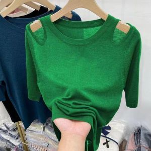 Hollow Off-the-shoulder T-shirt for Women Ice Silk Short-sleeved T-shirt Thin Knitted T-shirt