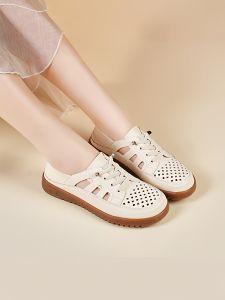 MAOLI | Large Size Breathable Lace-up Free White Leather Sandals