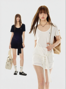 Turn Signal | Fashionable U-Neck Short Dress Belted Summer Dress
