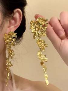 French Gold Flower Tassel Earrings High Profile Retro Fancy Elegant Square round Face Banquet Earrings Mid-Ancient Earrings