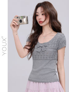 YOUXIANG | Đồ Knit Mùa Hè Cổ Tròn Cánh Dơi Không Tay Thêu Ren