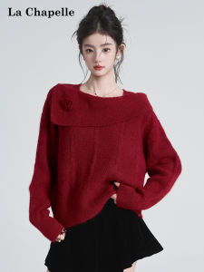 La Chapelle | Red Off-Shoulder Soft Knit Sweater With 3D Floral Design