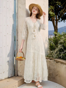 XIANGYING | Đầm V-Neck Tay Chuông Có Sequins và Thêu Nặng