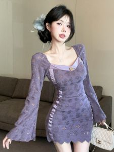 GUZILIAN | ชุดเดรสสั้นทรงเอคอเหลี่ยมแขนกระดิ่งลูกไม้สีม่วง ทรงเข้ารูป เอวสูง ทรงเข้ารูป แขนยาว ผ้าฝ้ายผสมโพลีเอสเตอร์