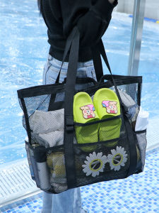 Large Capacity Travel Net Bag Outdoor Beach Swimming Childrens Toy Shoulder Crossbody Handbag Soft Handle Commuter Style