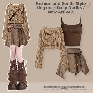 NUMEN BUTTON | Elegant Leisure Large Size Summer Set with Openwork Cardigan Vest and Asymmetrical Skirt