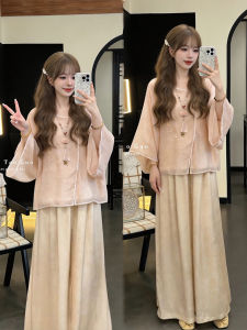XUECAIQI | New Chinese Style Elegant National Style Casual Sun Protection Light Shirt and Wide Leg Pants Set