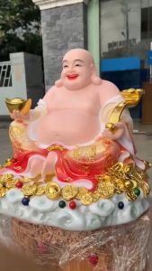 Tượng phật di lặc cầm thỏi vàng bằng đá nhập khẩu cao 34cm- ĐỎ