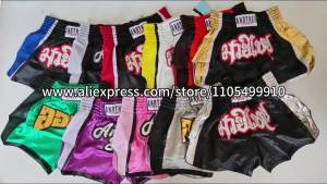 Embroidery Muay Thai Boxing Shorts Satin Elastic Waist Fight Trunks for Men Women Kids Kickboxing Martial Arts Training Sparring