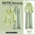 TIANANQI | Spring New Casual Green Shirt & Wide Leg Pants Set. 