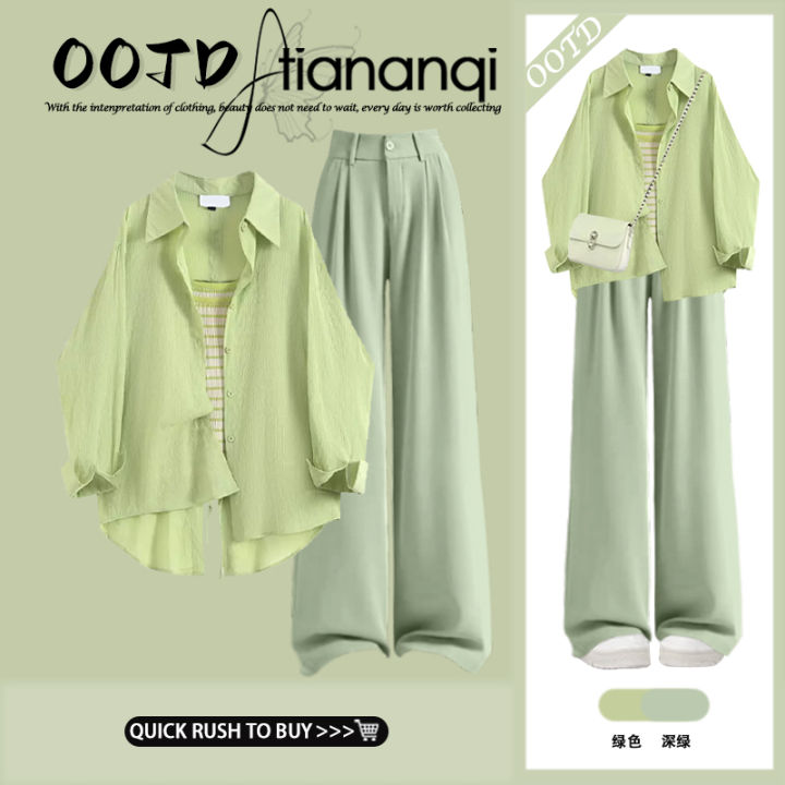 TIANANQI%20%7C%20Spring%20New%20Casual%20Green%20Shirt%20&%20Wide%20Leg%20Pants%20Set%20-%20Image%205