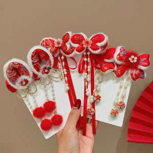 Childrens Hair Accessories Girl 2024 New Cute Plush Tassel Ribbon Hair Clip Baby New Year Headwear Baby New Year Hair Clip