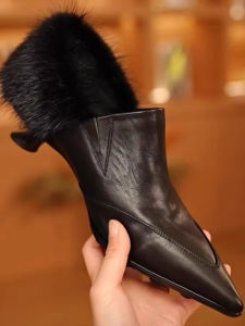 Elegant Water Rabbit Fur Fashion Single Shoes for Women High 4cm Heel Work Shoes Minimalist Pointed Toe Versatile Autumn Winter New Arrival