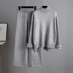 Autumn Winter Women High Neck Elegant Knit Sweater Top Pants 2-piece Sets Long-sleeved Pullovers Casual Loose Womens Clothing