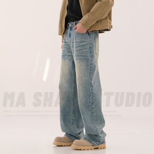 Retro American Loose Straight Leg Mens Jeans Hand Sprayed Wrinkled Cat Cleanfit Long Trousers Autumn New Arrival
